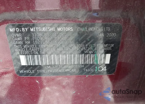2020 Mitsubishi Mirage G4 Es from USA, damaged, VIN ML32F3FJ6LHF06954